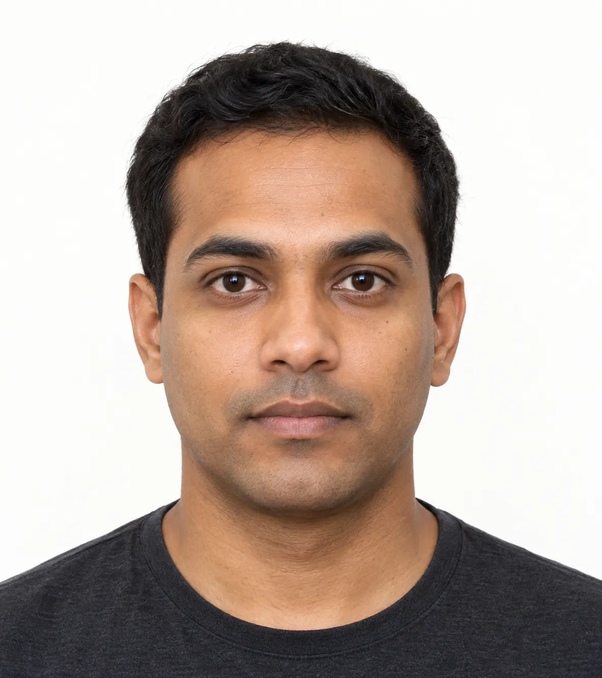 AI-generated example: a fictional adult faces the camera with open eyes and a closed mouth, centred against a plain light background; the whole head and upper shoulders are visible.